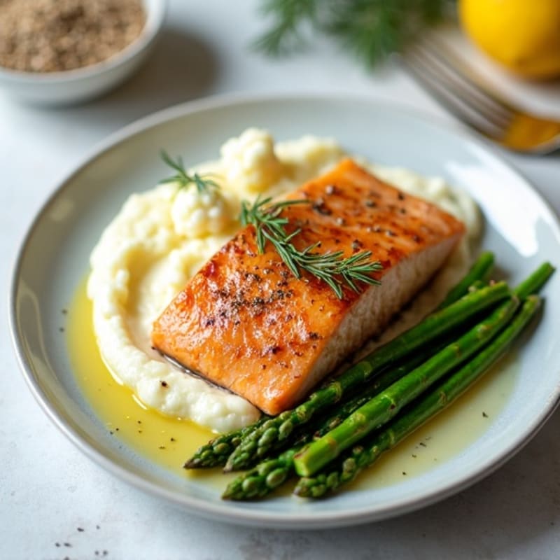 Seared Salmon with Steamed Asparagus and Cauliflower Mash