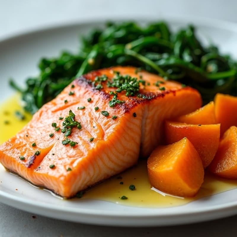 Seared Salmon Fillet with Roasted Sweet Potato and Sautéed Spinach