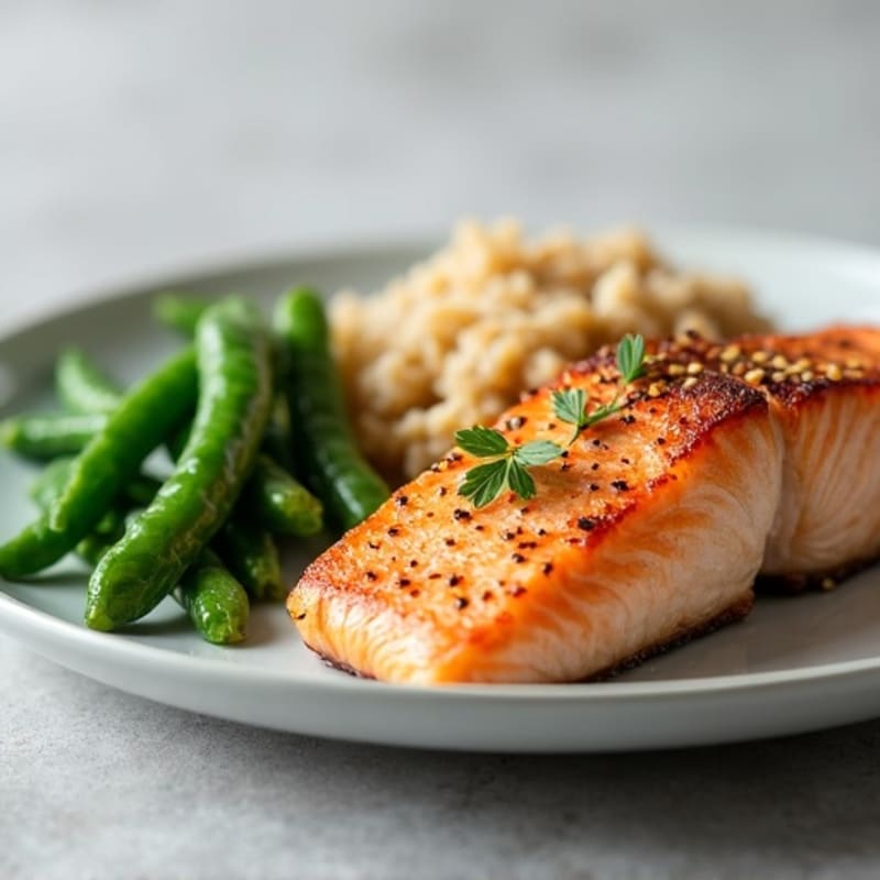 Seared Salmon Fillet with Steamed Green Beans and Brown Rice
