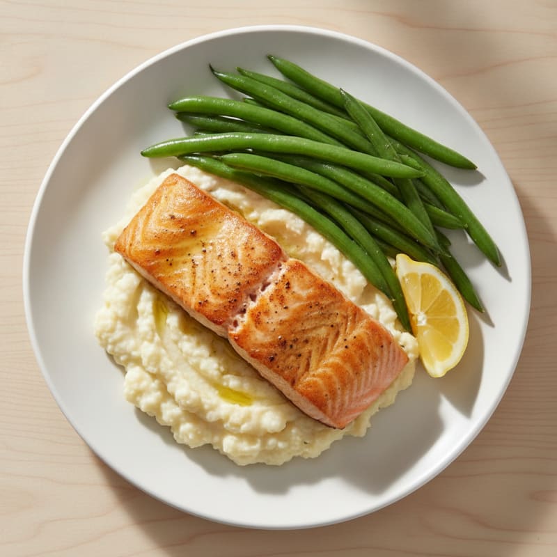 Seared Salmon with Steamed Green Beans and Garlic Mashed Cauliflower
