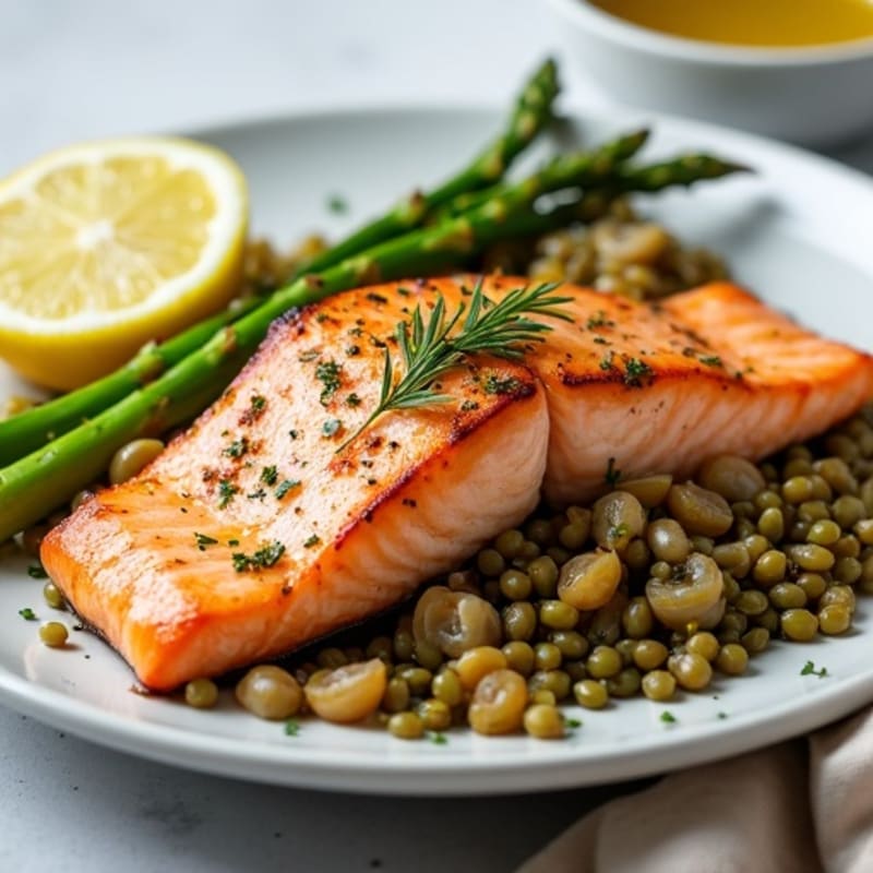 Seared Salmon Fillet with Lentil Pilaf and Steamed Asparagus
