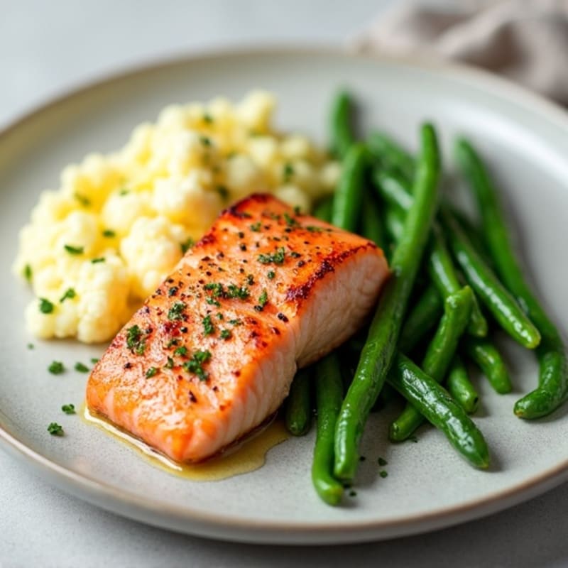 Seared Salmon with Garlic Green Beans and Cauliflower Mash