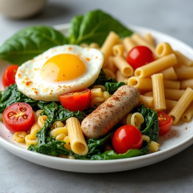 Egg White and Turkey Sausage Scramble with Spinach, Cherry Tomatoes, and a Side of Whole Wheat Pasta