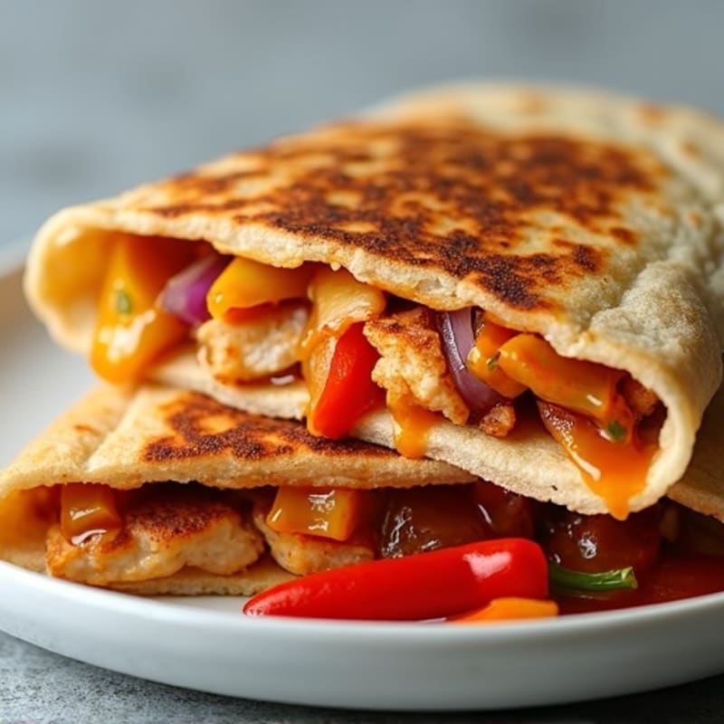 Crispy BBQ Chicken Quesadilla with Sautéed Peppers and Onions