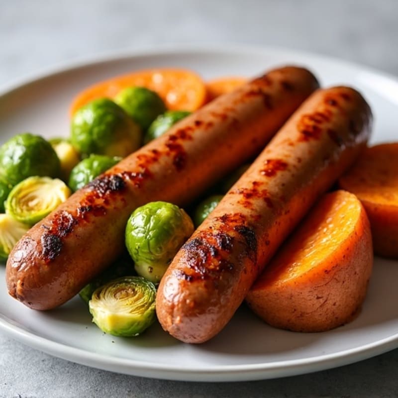 Roasted Sausage with Crispy Brussels Sprouts and Sweet Potatoes
