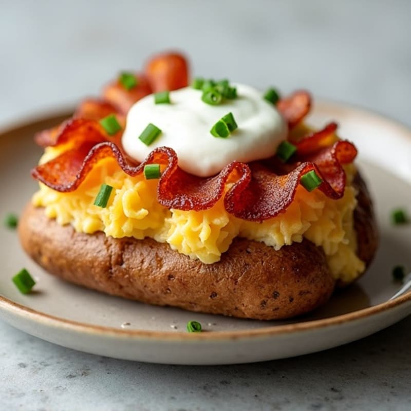 Crispy Baked Potato with Lean Turkey Bacon, Creamy Greek Yogurt, and Fresh Chives