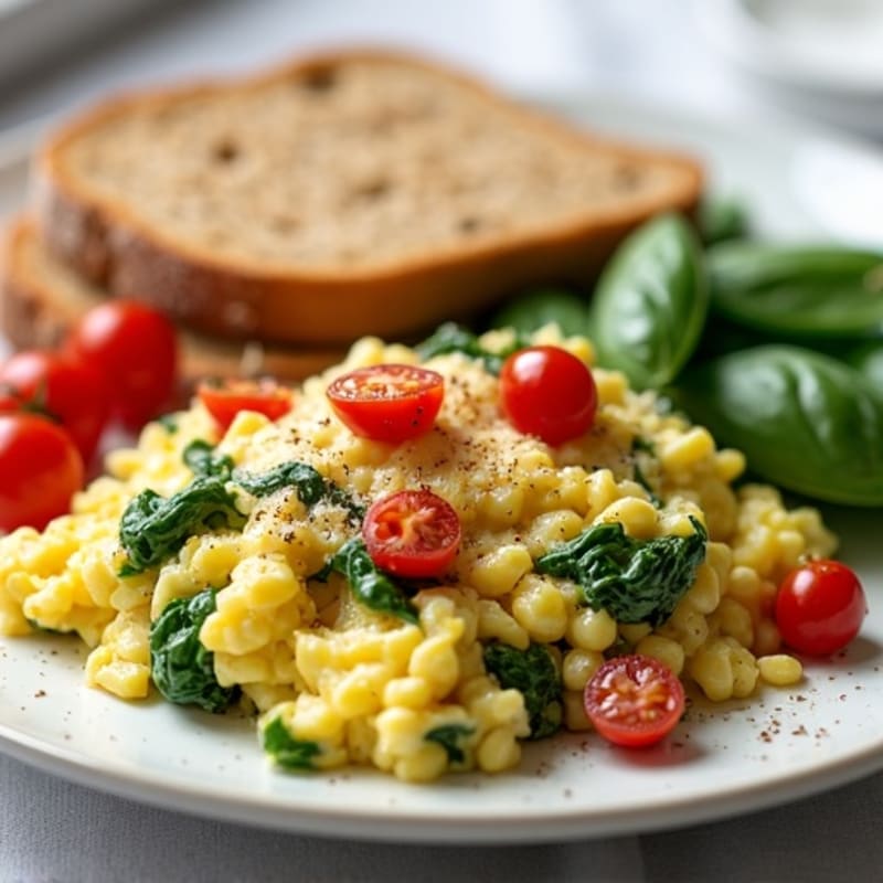 Egg White Spinach Scramble with Cottage Cheese and Cherry Tomatoes