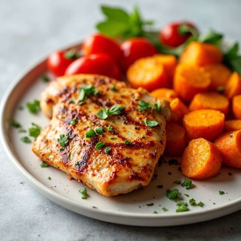 Honey-Garlic Grilled Chicken with Roasted Sweet Potato and Bell Peppers