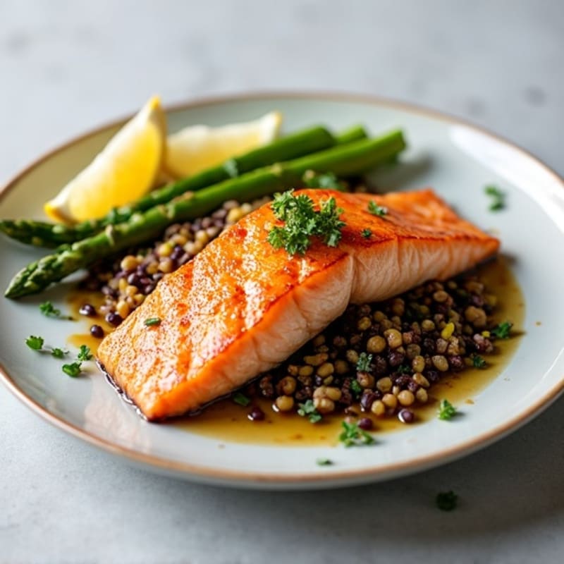 Seared Salmon Fillet with Lentil Salad and Steamed Asparagus
