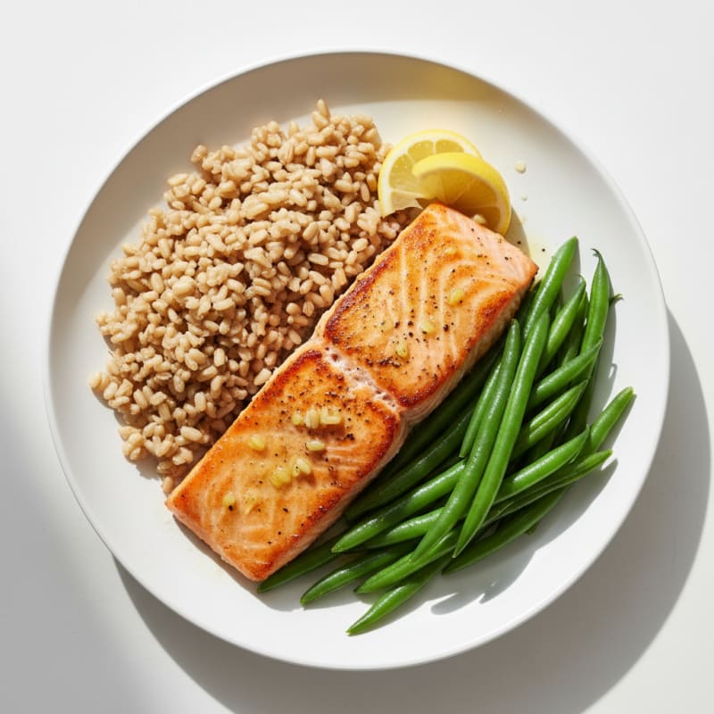 Seared Salmon with Steamed Green Beans and Brown Rice