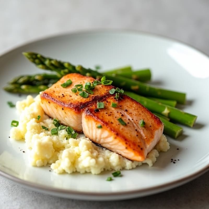 Seared Salmon with Steamed Asparagus and Cauliflower Mash