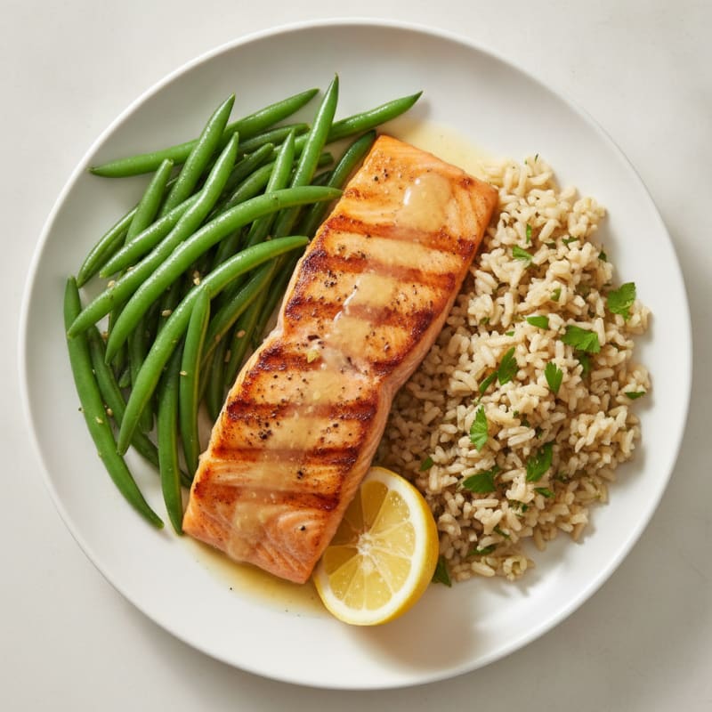 Seared Salmon Fillet with Steamed Green Beans and Herb Brown Rice