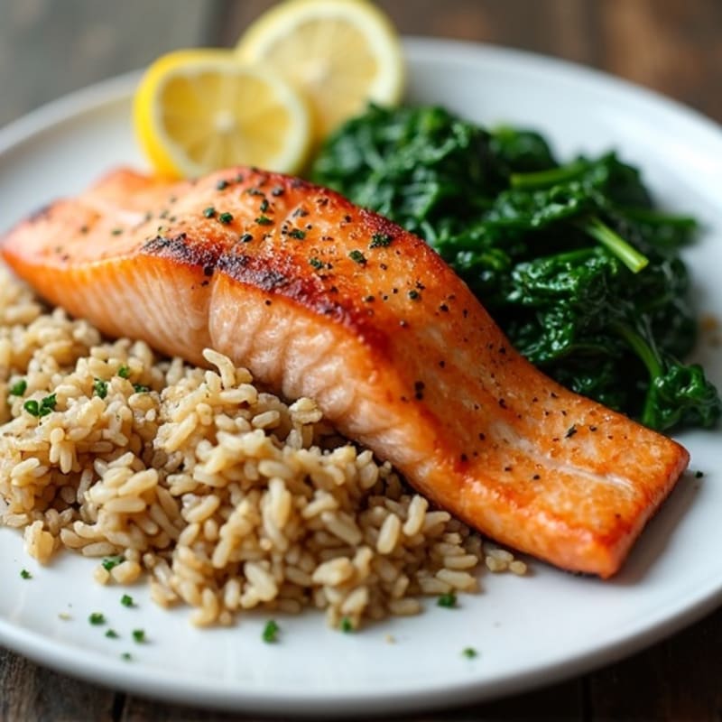 Seared Salmon with Garlic Spinach and Brown Rice