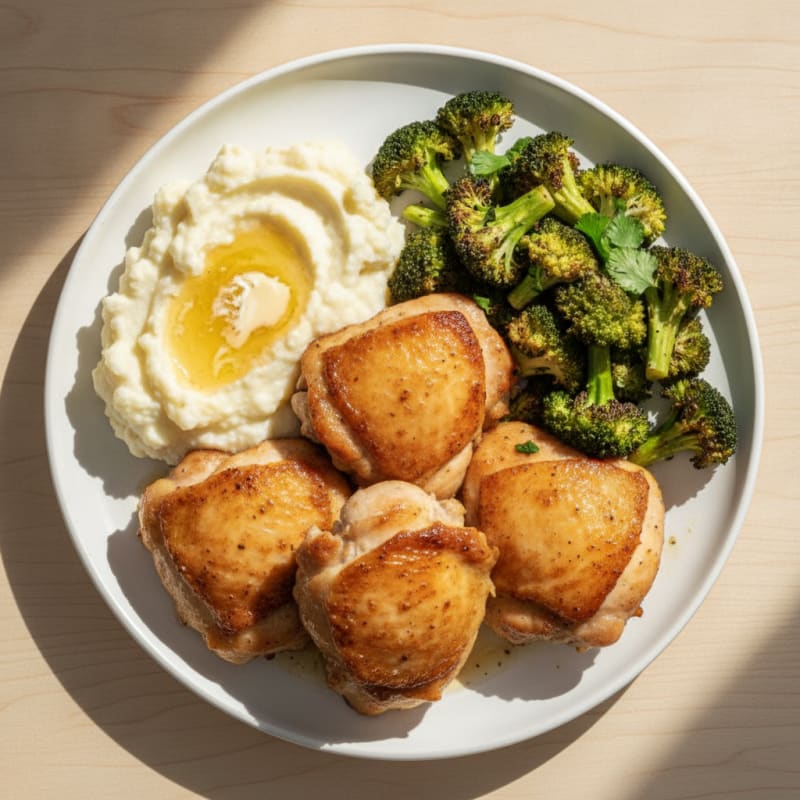 Seared Chicken Thighs with Herb-Roasted Broccoli and Garlic Mashed Cauliflower