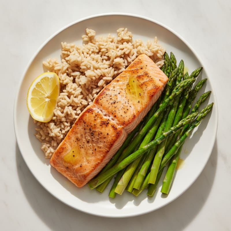 Seared Salmon Fillet with Steamed Asparagus and Brown Rice
