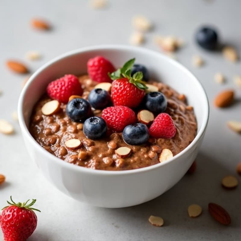 Creamy Chocolate Protein Oats with Fresh Berries and Crunchy Almonds