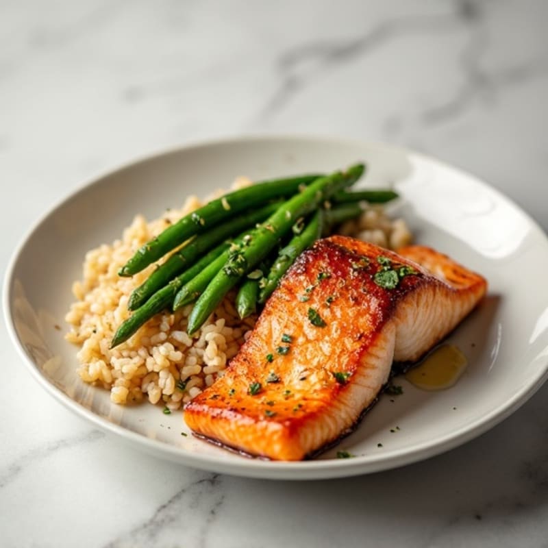 Seared Salmon with Garlic Green Beans and Brown Rice