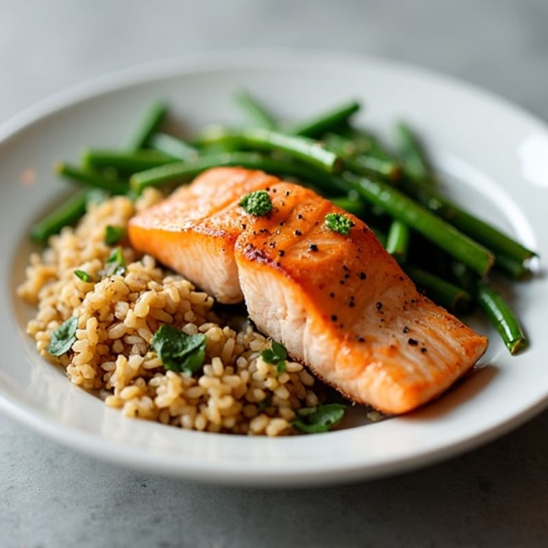 Seared Salmon with Garlic Green Beans and Brown Rice