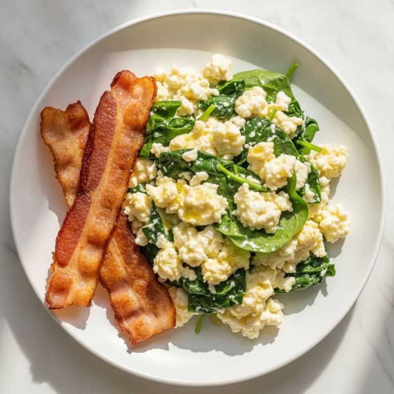 Cottage Cheese and Spinach Egg Scramble with Turkey Bacon