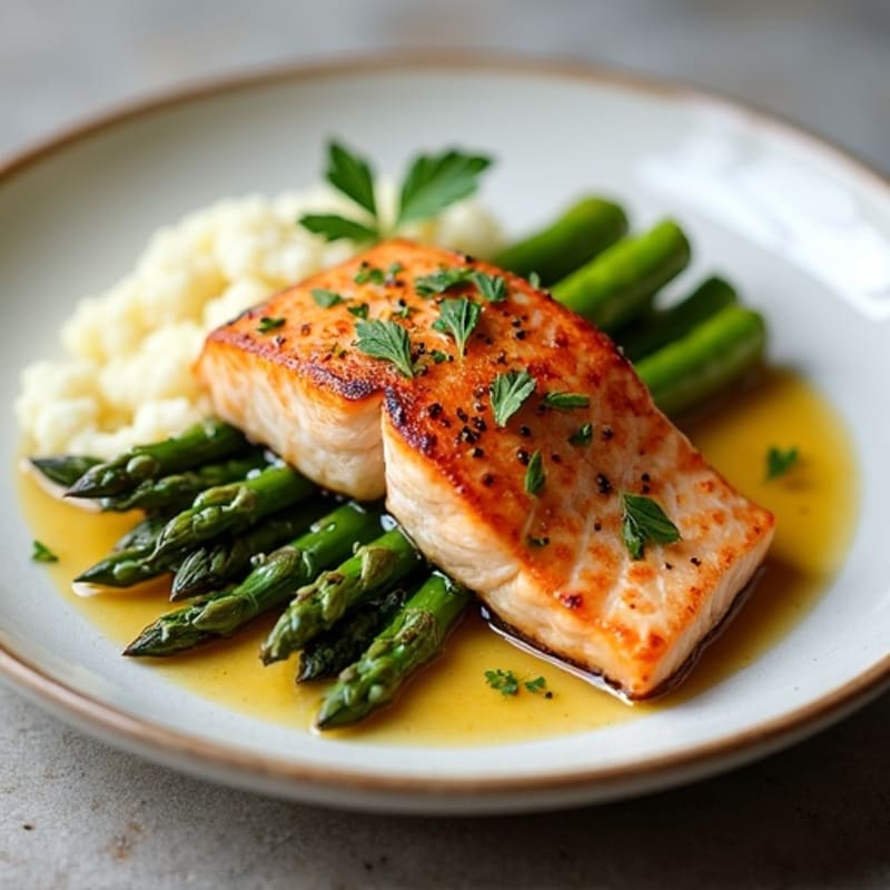 Seared Salmon Fillet with Roasted Asparagus and Cauliflower Mash