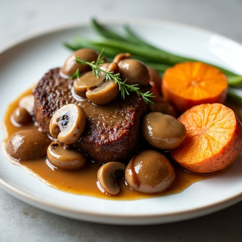 Lean Beef with Rich Mushroom Gravy and Roasted Sweet Potatoes