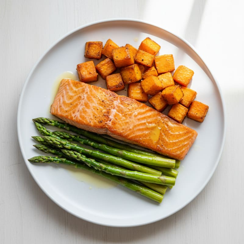 Seared Salmon with Roasted Sweet Potatoes and Asparagus