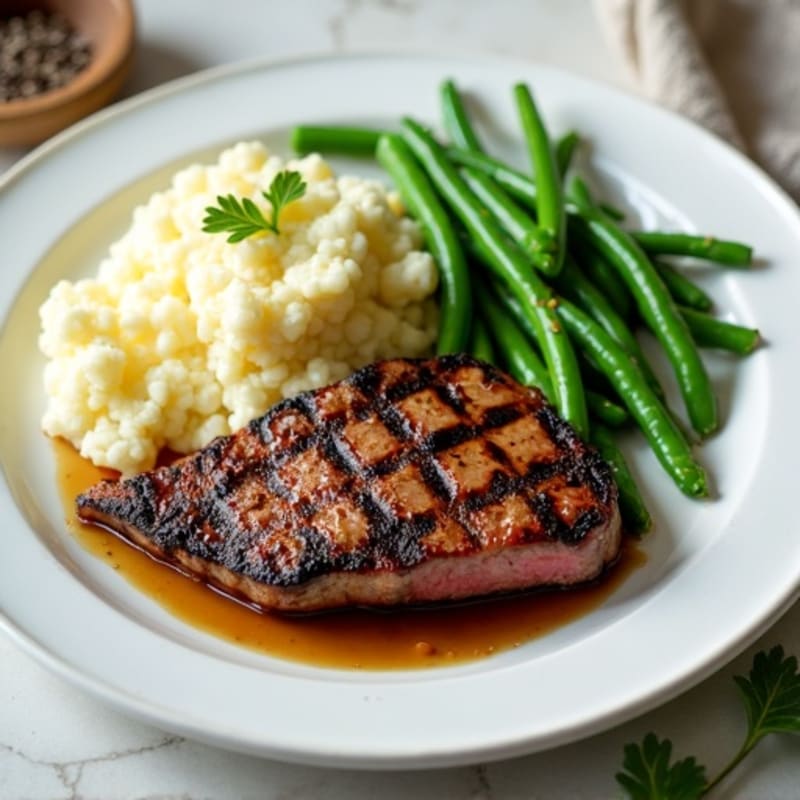 Seared Lean Beef Steak with Steamed Green Beans and Cauliflower Mash