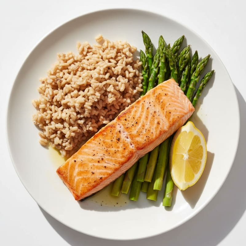 Seared Salmon Fillet with Steamed Asparagus and Brown Rice