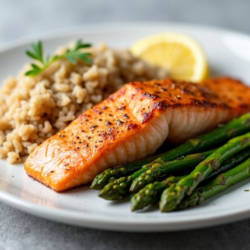 Seared Salmon Fillet with Roasted Asparagus and Brown Rice