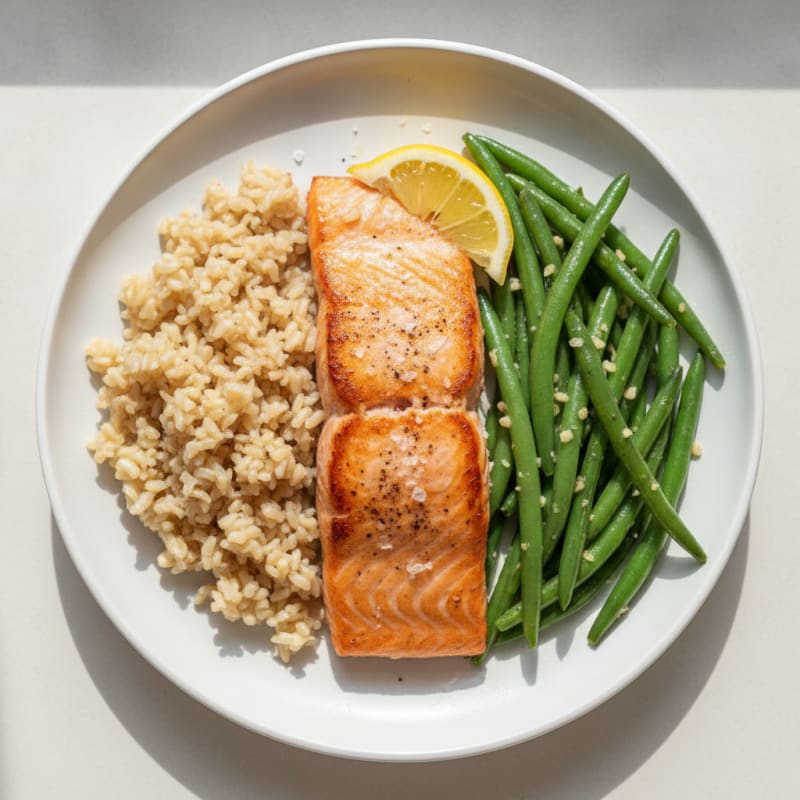 Seared Salmon with Garlic Green Beans and Brown Rice