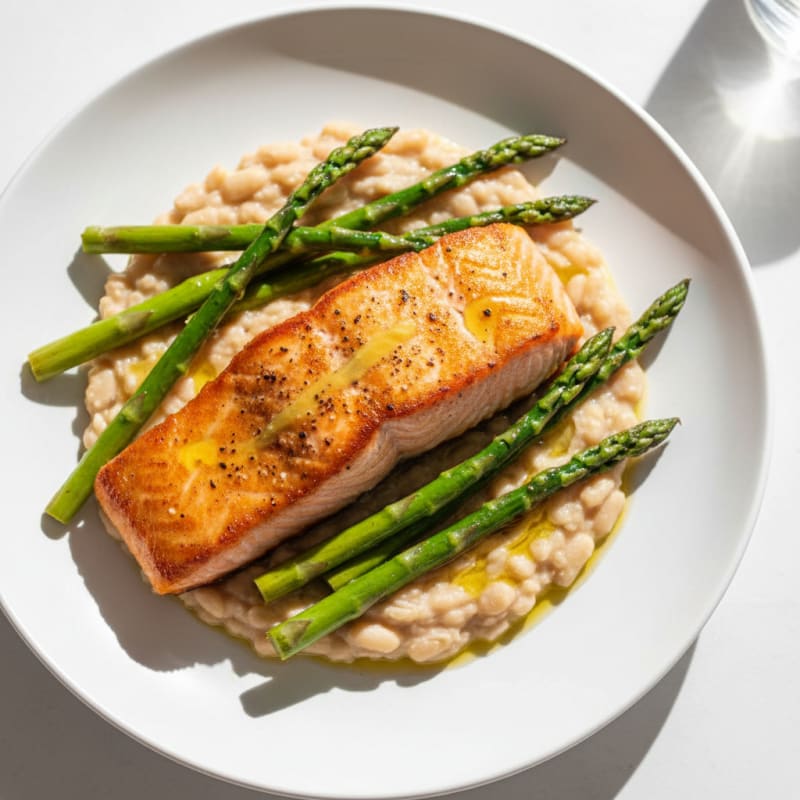 Seared Salmon with Creamy White Bean Mash and Roasted Asparagus