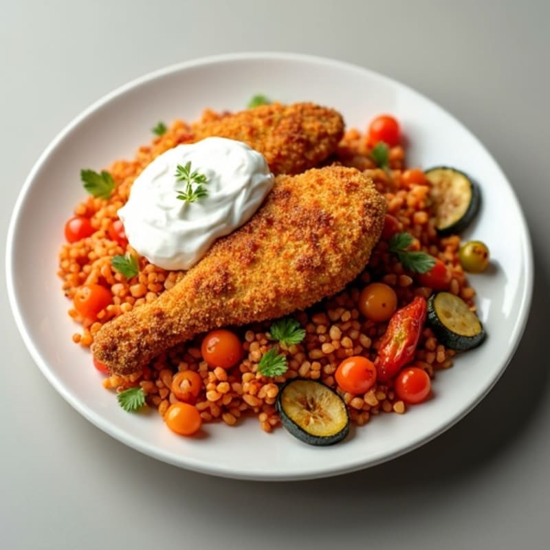 Crispy Chicken with Spiced Tomato Rice and Roasted Vegetables