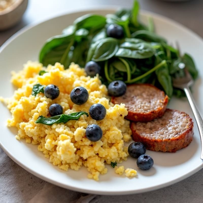 Egg White Scramble with Turkey Sausage and Sautéed Spinach with Oatmeal Blueberry Side
