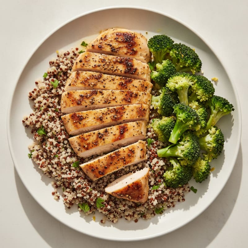 Grilled Lemon Pepper Chicken with Quinoa and Steamed Broccoli