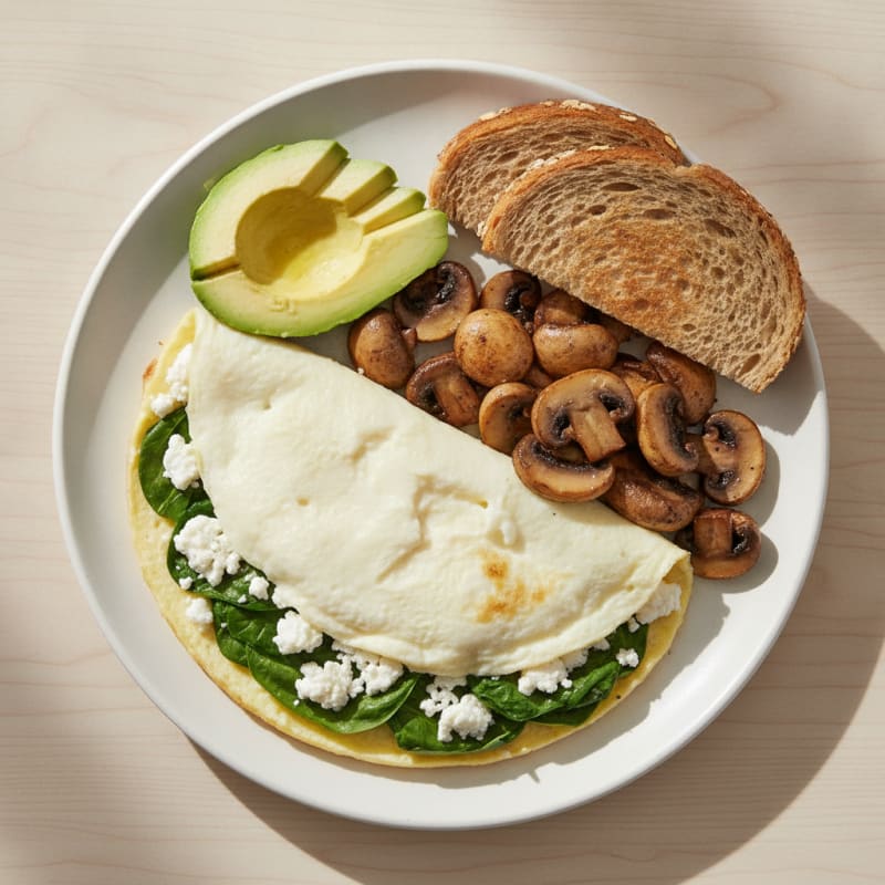 Egg White Spinach Omelette with Cottage Cheese and Sautéed Mushrooms