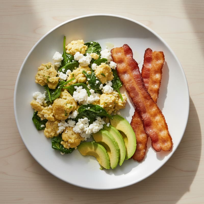 Cottage Cheese Egg Scramble with Spinach and Turkey Bacon