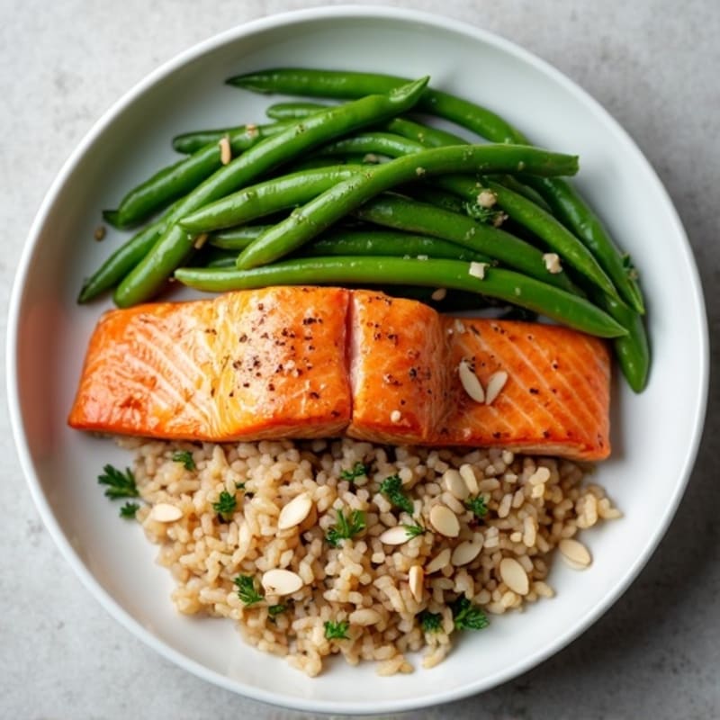 Seared Salmon with Garlic Green Beans and Brown Rice