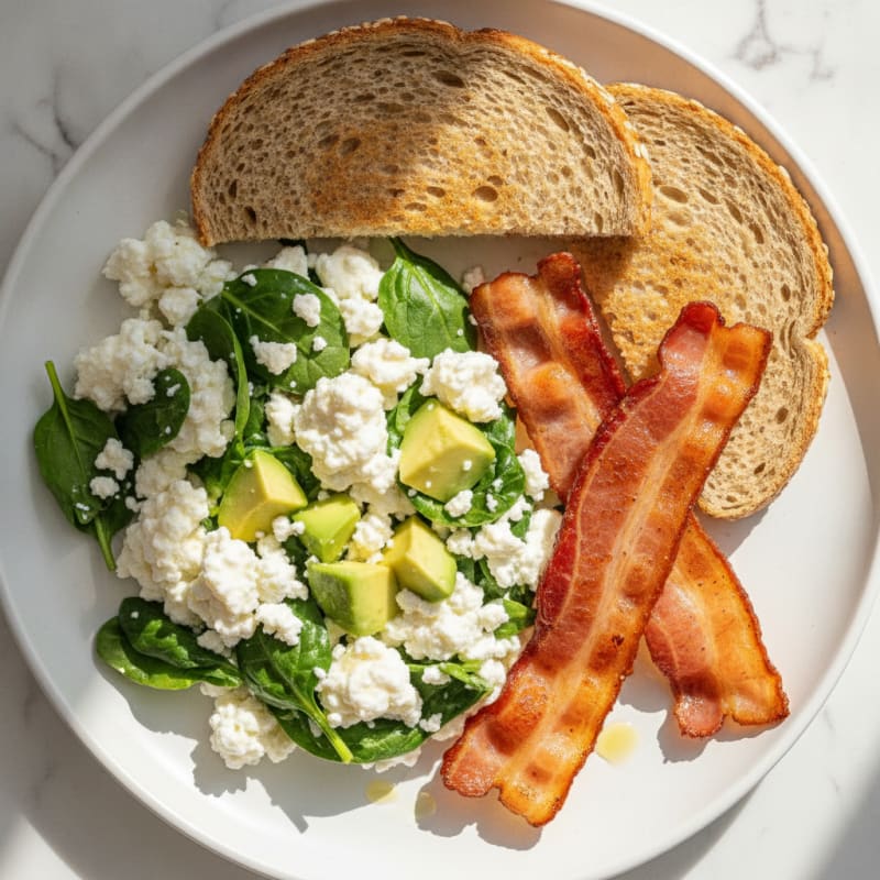 Cottage Cheese Egg White Scramble with Spinach and Turkey Bacon