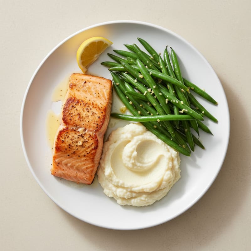 Seared Salmon with Garlic Green Beans and Cauliflower Mash