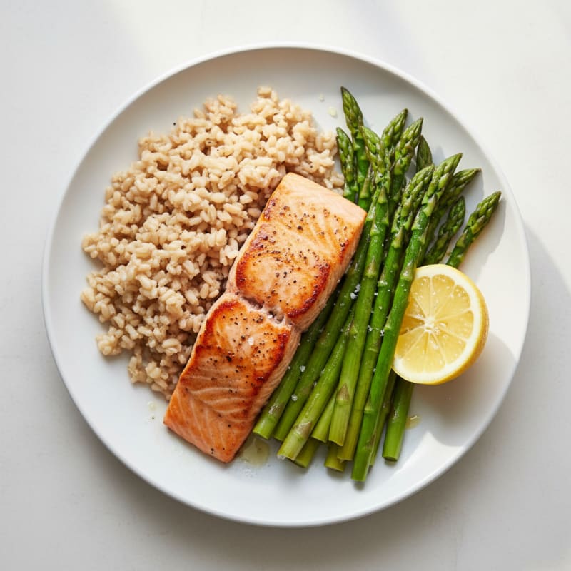 Seared Salmon with Steamed Asparagus and Brown Rice