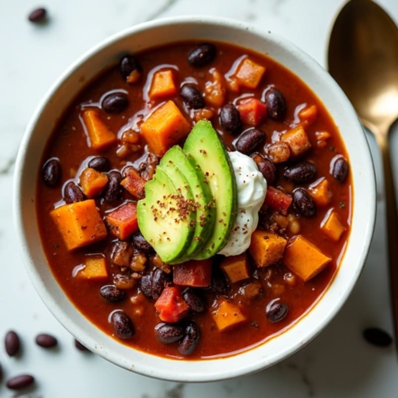 Hearty Black Bean and Sweet Potato Chili with Dark Chocolate and Creamy Avocado
