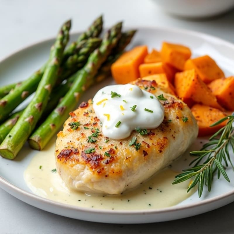 Creamy Lemon Herb Chicken with Roasted Asparagus and Sweet Potato