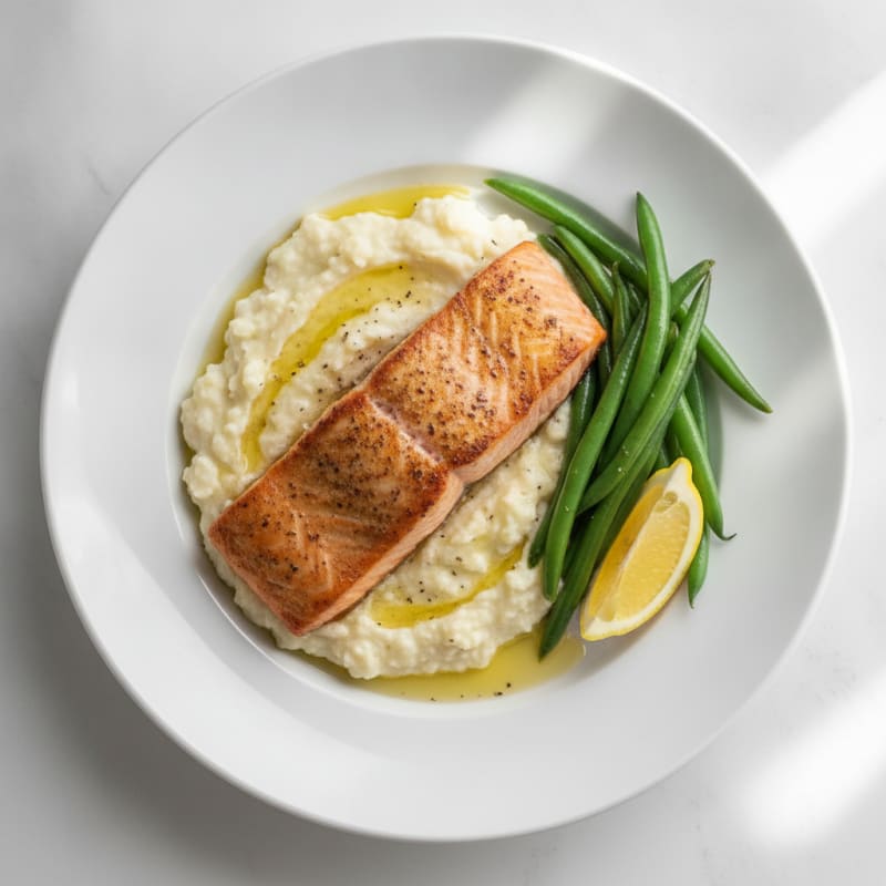 Seared Salmon with Steamed Green Beans and Garlic Mashed Cauliflower