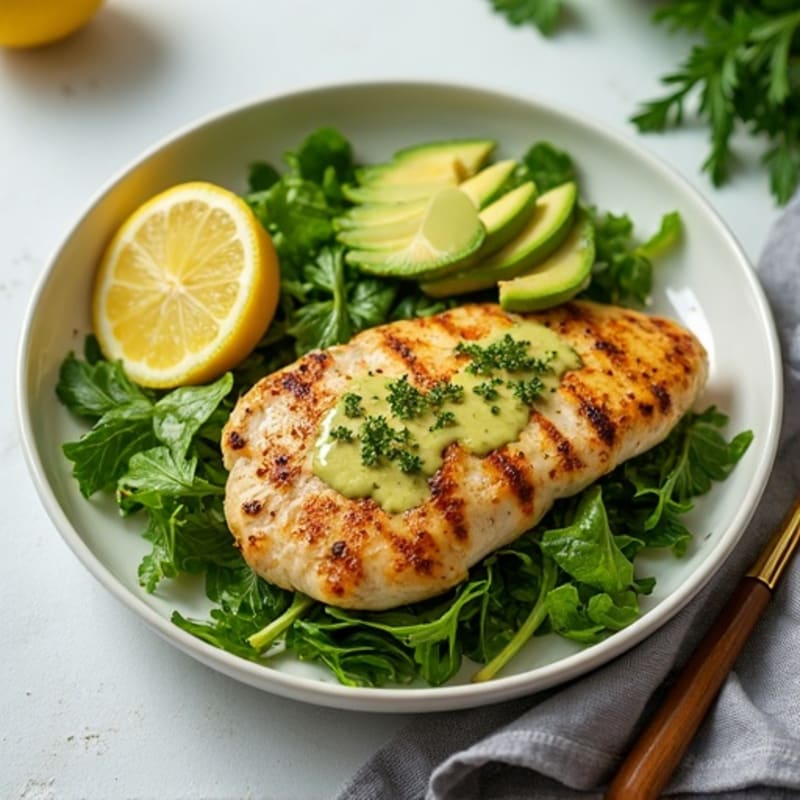 Lemon Herb Roasted Chicken with Fresh Greens and Creamy Avocado Dressing