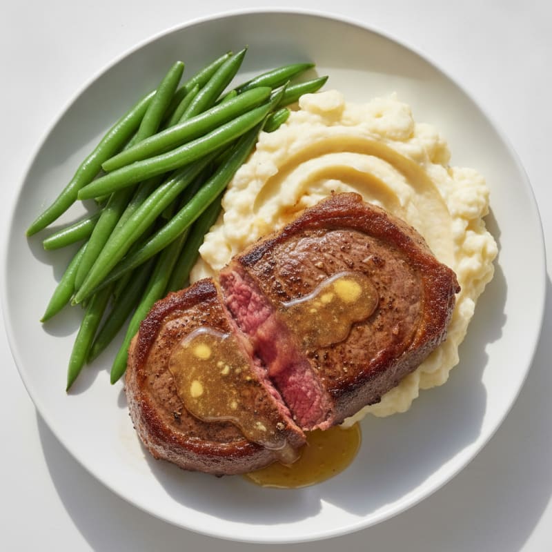 Seared Sirloin Steak with Steamed Green Beans and Garlic Mashed Cauliflower