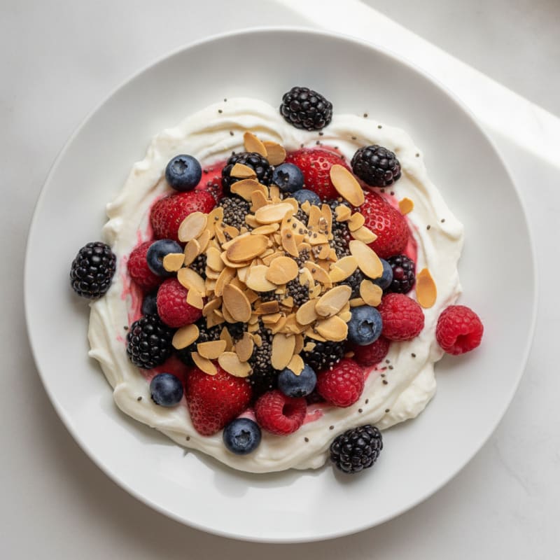 Vanilla Greek Yogurt Protein Parfait with Berries and Almonds