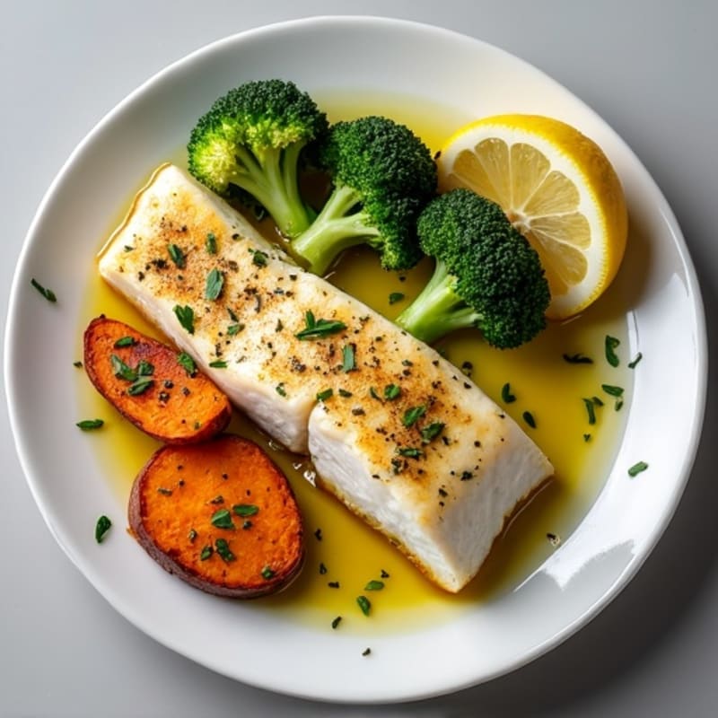 Herb-Baked Cod with Roasted Sweet Potato and Broccoli