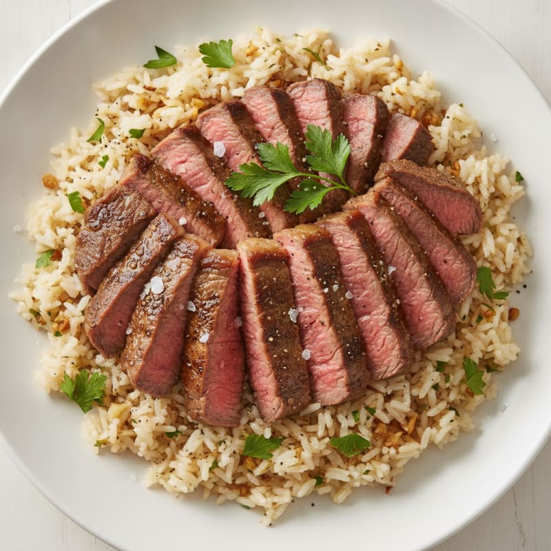 Pan-Seared Steak with Garlic Rice