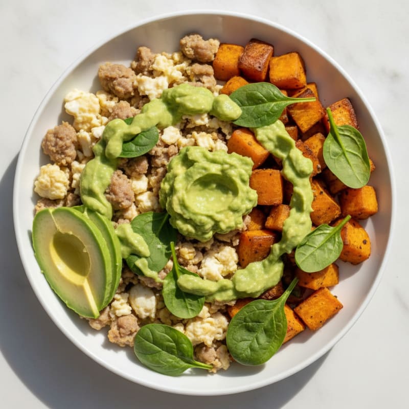 Egg White and Turkey Sausage Scramble with Roasted Sweet Potatoes