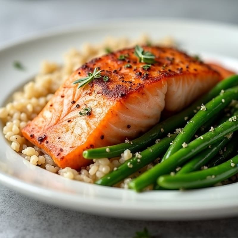 Seared Salmon with Garlic Green Beans and Brown Rice